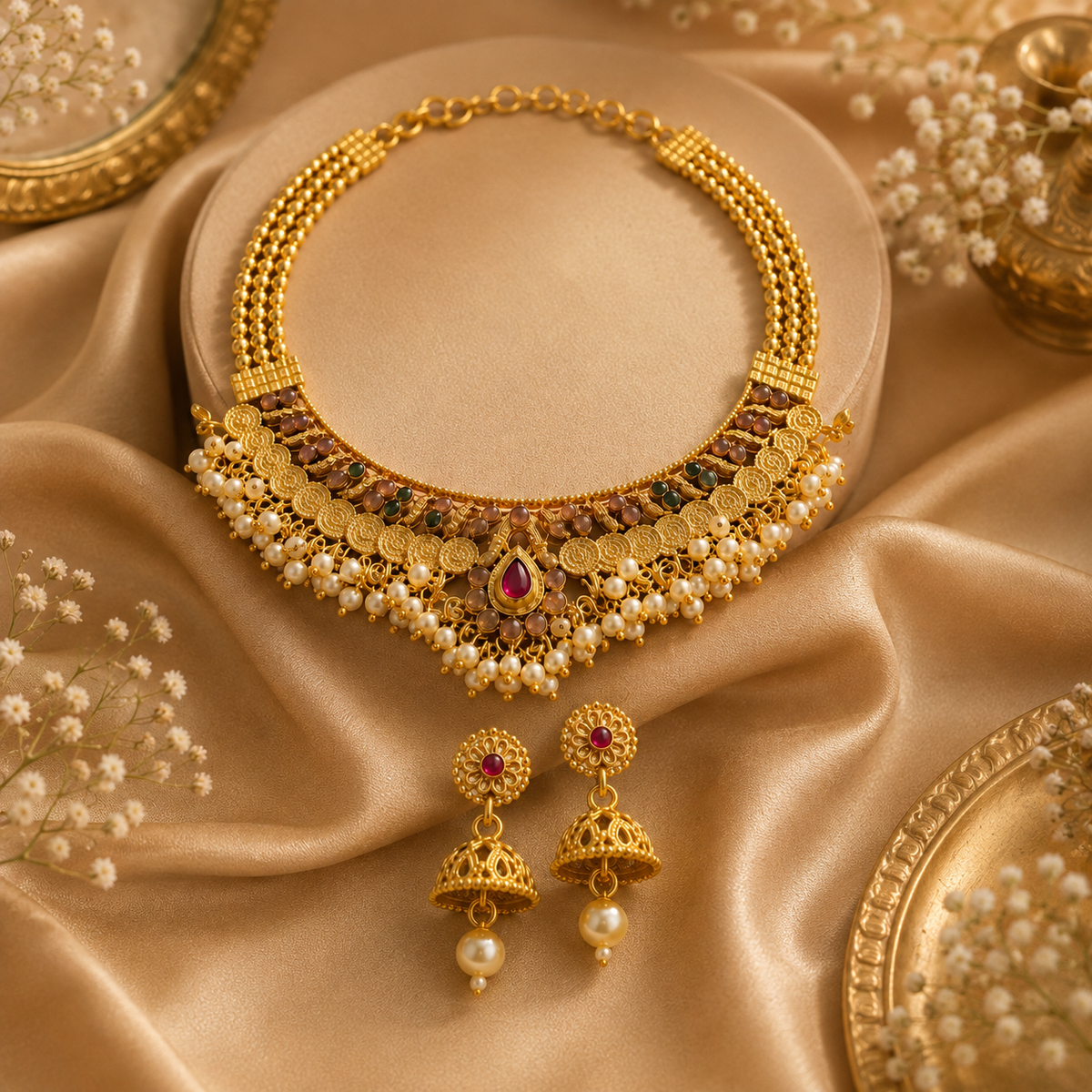 Premium Gold-Plated Pearl Choker Necklace Set with Jhumka Earrings for Women