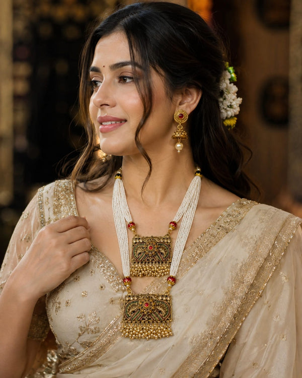 Traditional Pearl Temple Necklace Set with Earrings