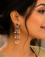 Gold Plated Green & Purple Stone Pearl Drop Earrings for Women