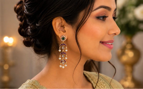 Gold Plated Green & Purple Stone Pearl Drop Earrings for Women
