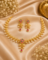 Gold Plated AD Floral Pearl Necklace Set with Multicolor Stones & Matching Earrings