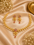 Gold Plated AD Floral Pearl Necklace Set with Multicolor Stones & Matching Earrings