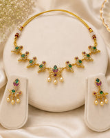 Traditional Gold Plated Green Stone Choker Necklace Set for Women