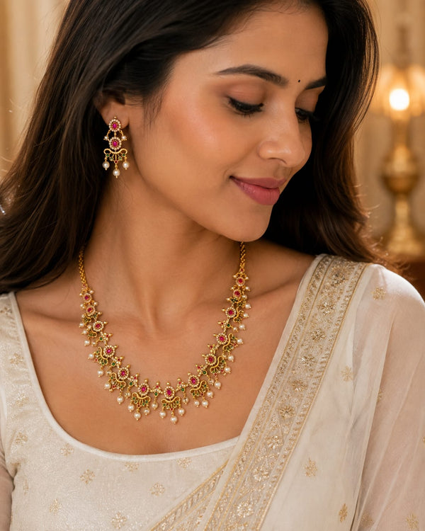 Premium Gold Plated Temple Necklace Set with Ruby, Green Stones & Pearl Drops
