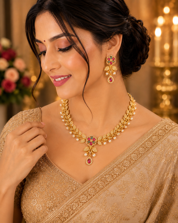 Gold Plated AD Floral Pearl Necklace Set with Multicolor Stones & Matching Earrings