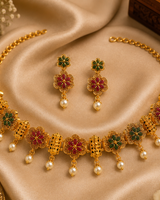 Traditional Gold-Plated Floral Choker Necklace Set with Earrings for Women & Girls