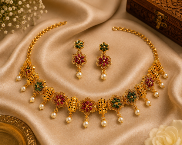 Traditional Gold-Plated Floral Choker Necklace Set with Earrings for Women & Girls