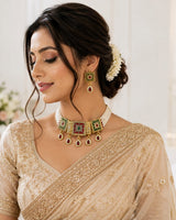Traditional Meenakari Pearl Choker Necklace Set with Earrings for Women | Gold Plated