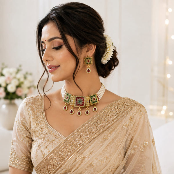 Traditional Meenakari Pearl Choker Necklace Set with Earrings for Women | Gold Plated