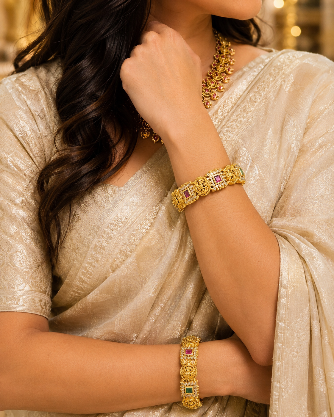 Gold Plated Temple Design AD Bangles Set