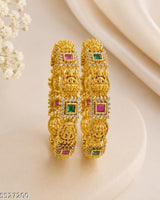 Gold Plated Temple Design AD Bangles Set