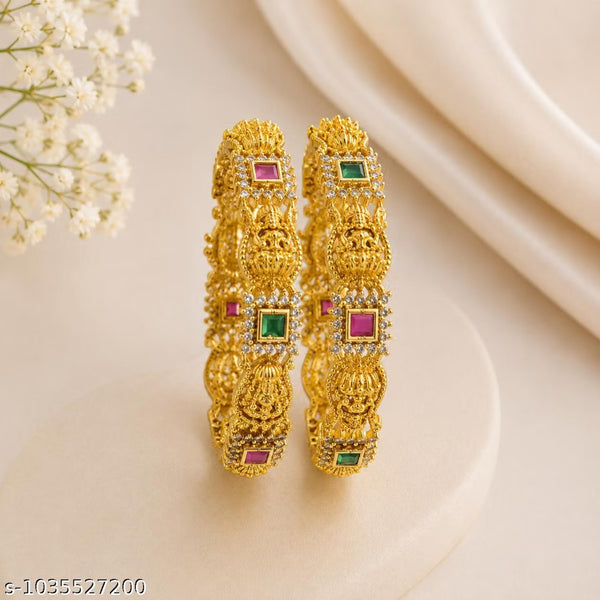 Gold Plated Temple Design AD Bangles Set
